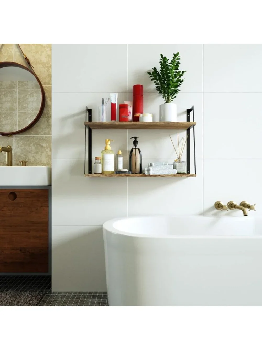 New 2-Tier Rustic Wood Floating Wall Shelves Carbonized Black